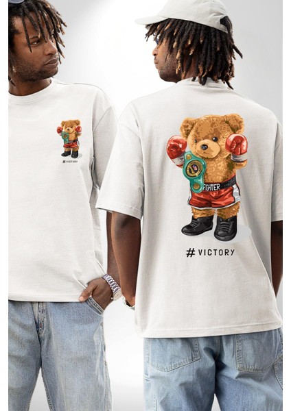 Dövüşçü Boks Şampiyonu Oyuncak Ayı Kadın Erkek Ön Minimal Sırt Baskılı Beyaz Pamuklu Tişört