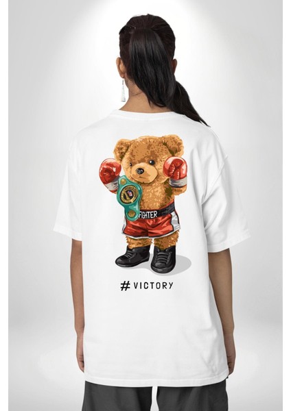 Dövüşçü Boks Şampiyonu Oyuncak Ayı Kadın Erkek Ön Minimal Sırt Baskılı Beyaz Pamuklu Tişört fiyatları