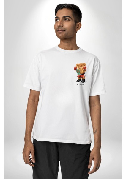 Dövüşçü Boks Şampiyonu Oyuncak Ayı Kadın Erkek Ön Minimal Sırt Baskılı Beyaz Pamuklu Tişört modelleri