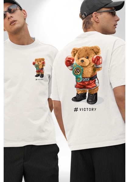 Dövüşçü Boks Şampiyonu Oyuncak Ayı Kadın Erkek Ön Minimal Sırt Baskılı Beyaz Pamuklu Tişört fırsatları