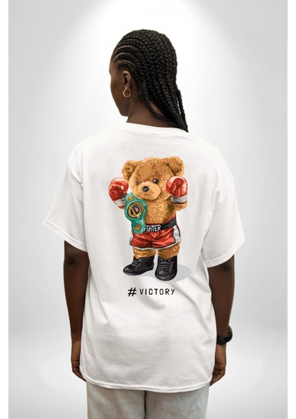 Dövüşçü Boks Şampiyonu Oyuncak Ayı Kadın Erkek Ön Minimal Sırt Baskılı Beyaz Pamuklu Tişört indirimleri