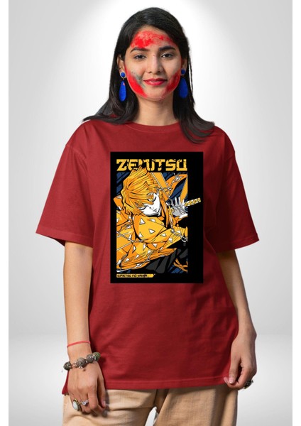 Demon Slayer Zenitsu Agatsuma Anime Kadın Erkek Ön Baskılı Kırmızı Pamuklu Tişört Penye Klasik