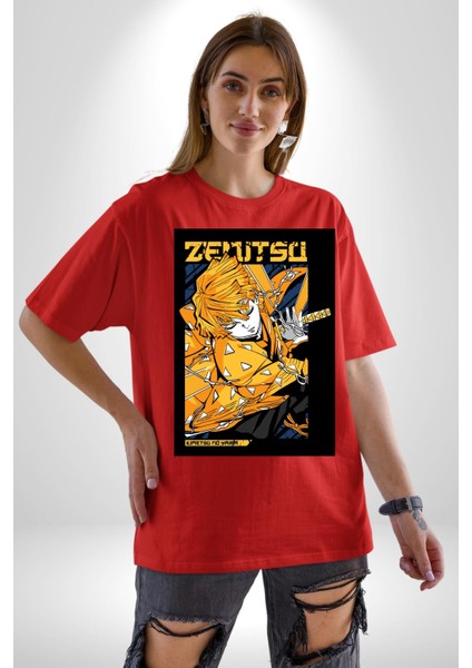 Demon Slayer Zenitsu Agatsuma Anime Kadın Erkek Ön Baskılı Kırmızı Pamuklu Tişört Penye Klasik fiyatları