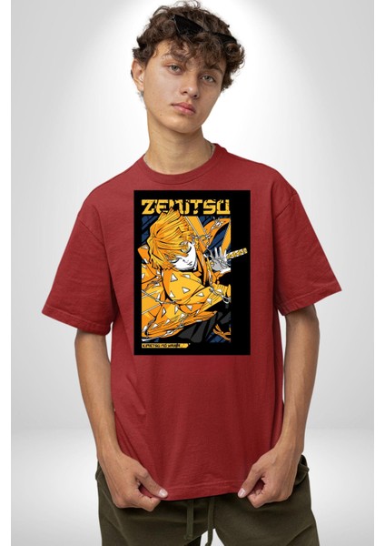 Demon Slayer Zenitsu Agatsuma Anime Kadın Erkek Ön Baskılı Kırmızı Pamuklu Tişört Penye Klasik modelleri