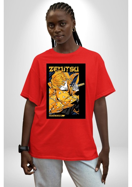 Demon Slayer Zenitsu Agatsuma Anime Kadın Erkek Ön Baskılı Kırmızı Pamuklu Tişört Penye Klasik fırsatları