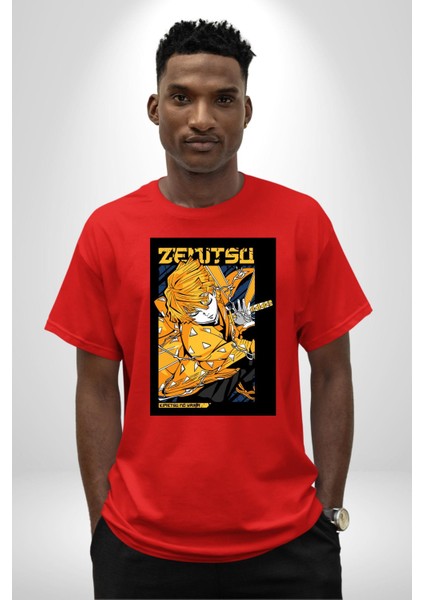 Demon Slayer Zenitsu Agatsuma Anime Kadın Erkek Ön Baskılı Kırmızı Pamuklu Tişört Penye Klasik indirimleri