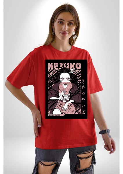 Demon Slayer Nezuko Kamado Anime Kadın Erkek Ön Baskılı Kırmızı Pamuklu Tişört Penye Klasik