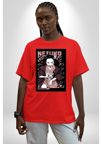 Demon Slayer Nezuko Kamado Anime Kadın Erkek Ön Baskılı Kırmızı Pamuklu Tişört Penye Klasik modelleri