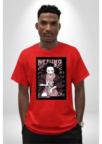 Demon Slayer Nezuko Kamado Anime Kadın Erkek Ön Baskılı Kırmızı Pamuklu Tişört Penye Klasik fırsatları