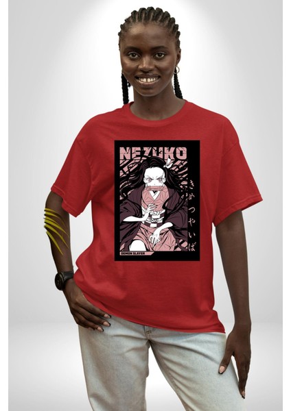 Demon Slayer Nezuko Kamado Anime Kadın Erkek Ön Baskılı Kırmızı Pamuklu Tişört Penye Klasik indirimleri