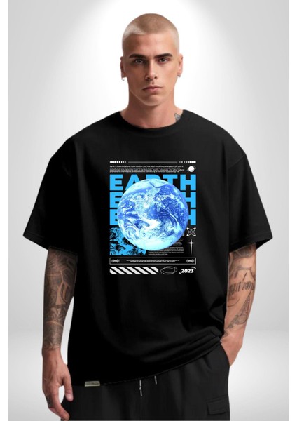 Dünya Tekno Sokak Tarzı Kadın Erkek Ön Baskılı Siyah Pamuklu Tişört Penye Klasik