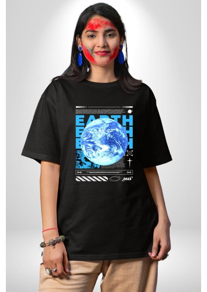 Dünya Tekno Sokak Tarzı Kadın Erkek Ön Baskılı Siyah Pamuklu Tişört Penye Klasik modelleri