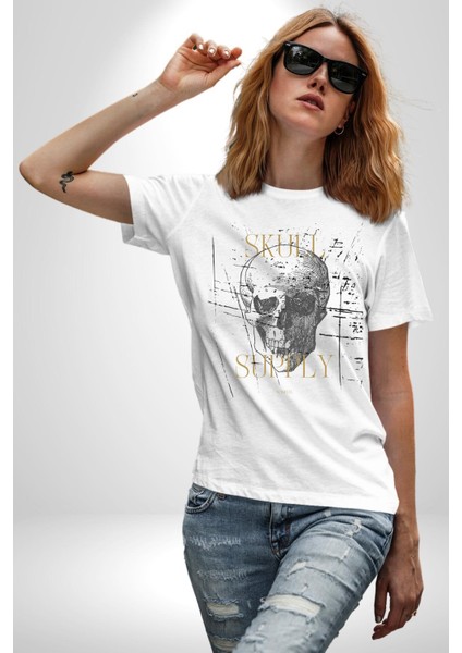 Kafatası Temini Zengin Tasarım Kadın Erkek Ön Baskılı Beyaz Pamuklu Tişört Penye Klasik