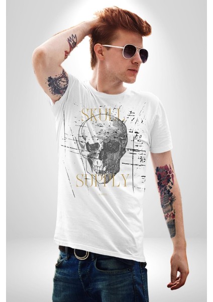 Kafatası Temini Zengin Tasarım Kadın Erkek Ön Baskılı Beyaz Pamuklu Tişört Penye Klasik fırsatları