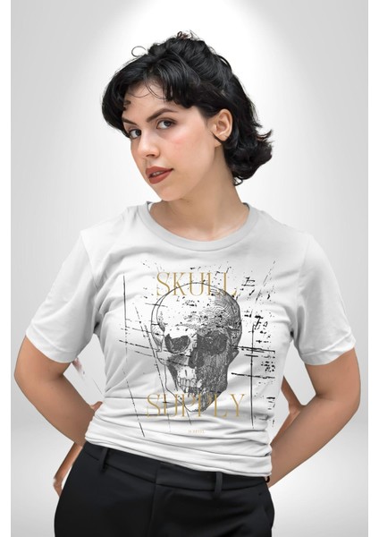 Kafatası Temini Zengin Tasarım Kadın Erkek Ön Baskılı Beyaz Pamuklu Tişört Penye Klasik indirimleri