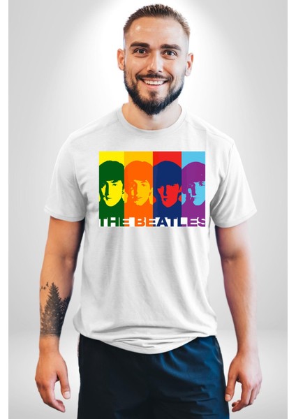 The Beatles Efsane Grup Kadın Erkek Ön Baskılı Beyaz Pamuklu Tişört Penye Klasik