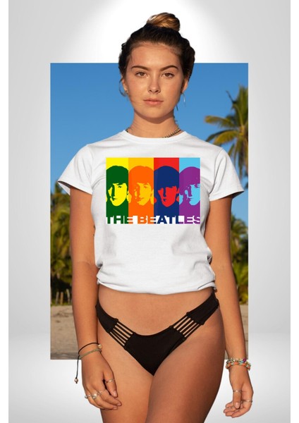 The Beatles Efsane Grup Kadın Erkek Ön Baskılı Beyaz Pamuklu Tişört Penye Klasik fırsatları