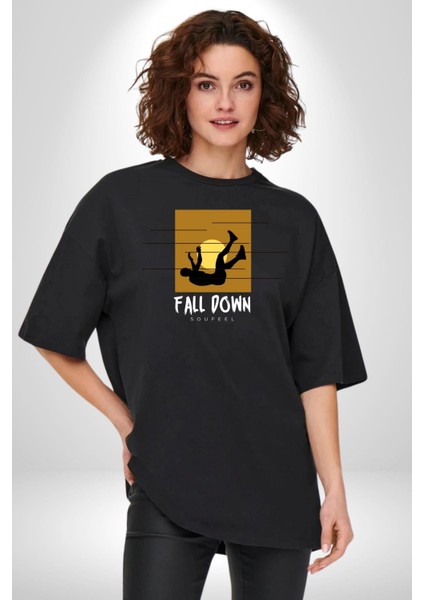 Hayattan Düşüş Sokak Tarzı Kadın Erkek Ön Baskılı Siyah Pamuklu Tişört Penye Klasik indirimleri