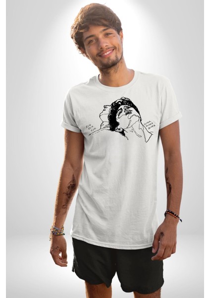 Elio ve Oliver Çizim Kadın Erkek Ön Baskılı Beyaz Pamuklu Tişört Penye Klasik fiyatları