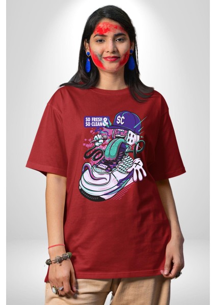Çok Taze Çok Temiz Müzisyen Ayakkabı Kadın Erkek Ön Baskılı Kırmızı Pamuklu Tişört Penye Klasik