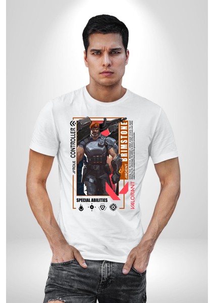 Brimstone Smoker Karakter Kadın Erkek Ön Baskılı Beyaz Pamuklu Tişört Penye Klasik