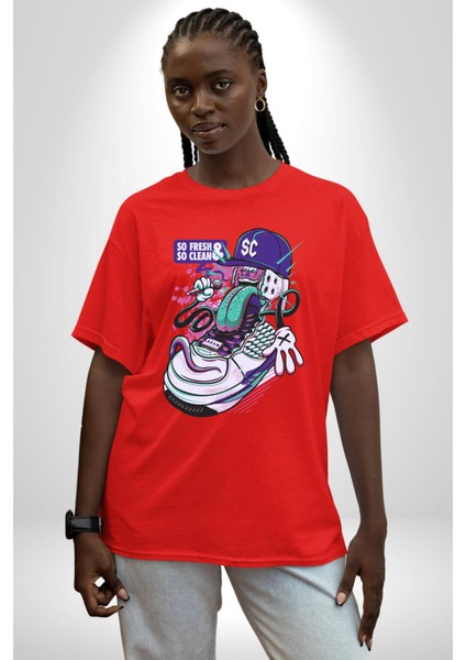 Çok Taze Çok Temiz Müzisyen Ayakkabı Kadın Erkek Ön Baskılı Kırmızı Pamuklu Tişört Penye Klasik fırsatları