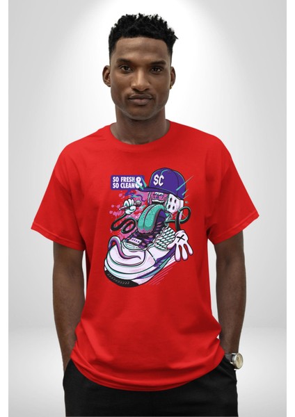 Çok Taze Çok Temiz Müzisyen Ayakkabı Kadın Erkek Ön Baskılı Kırmızı Pamuklu Tişört Penye Klasik indirimleri