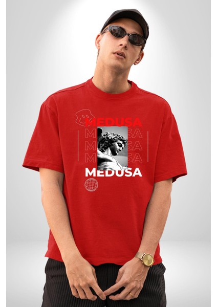 Medusa Yunan Heykeli Kadın Erkek Ön Baskılı Kırmızı Pamuklu Tişört Penye Klasik