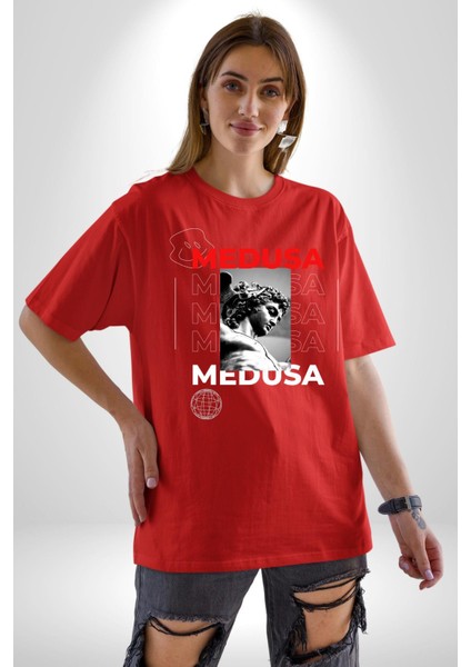 Medusa Yunan Heykeli Kadın Erkek Ön Baskılı Kırmızı Pamuklu Tişört Penye Klasik