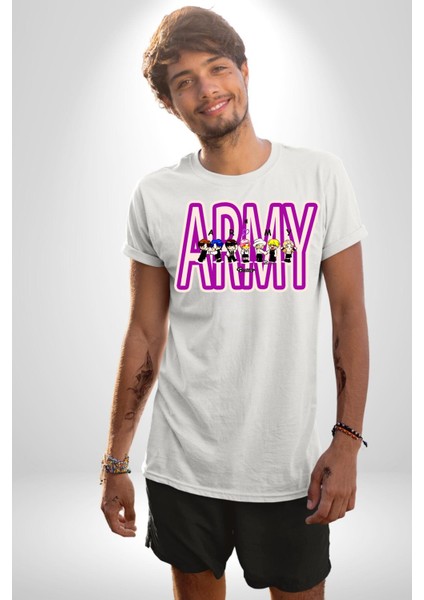 Bts Army Fan Tasarım Kadın Erkek Ön Baskılı Beyaz Pamuklu Tişört Penye Klasik modelleri