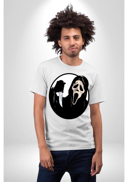Çığlık Amerikan Korku Karakteri Kadın Erkek Ön Baskılı Beyaz Pamuklu Tişört Penye Klasik