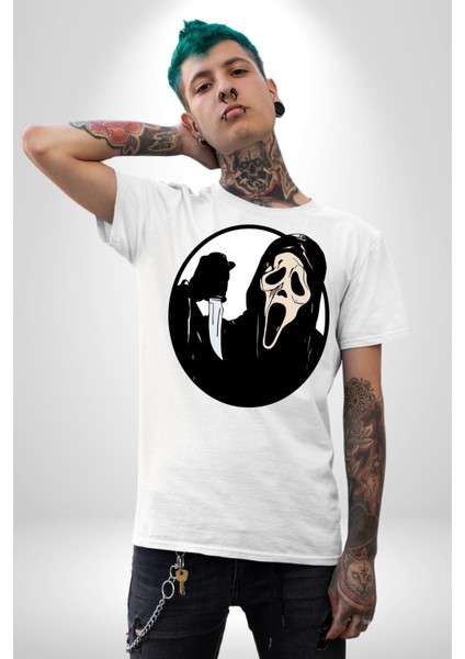 Çığlık Amerikan Korku Karakteri Kadın Erkek Ön Baskılı Beyaz Pamuklu Tişört Penye Klasik fırsatları