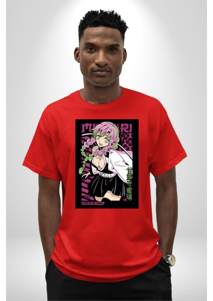 Demon Slayer Mitsuri Kanroji Anime Kadın Erkek Ön Baskılı Kırmızı Pamuklu Tişört Penye Klasik