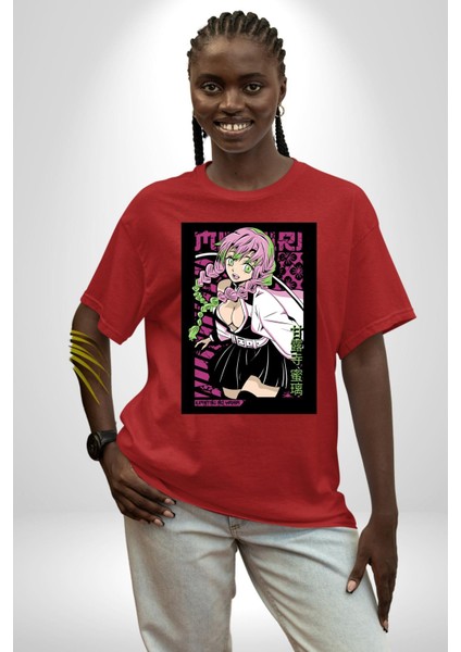 Demon Slayer Mitsuri Kanroji Anime Kadın Erkek Ön Baskılı Kırmızı Pamuklu Tişört Penye Klasik fiyatları