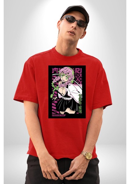 Demon Slayer Mitsuri Kanroji Anime Kadın Erkek Ön Baskılı Kırmızı Pamuklu Tişört Penye Klasik modelleri