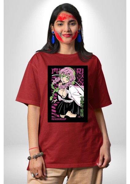 Demon Slayer Mitsuri Kanroji Anime Kadın Erkek Ön Baskılı Kırmızı Pamuklu Tişört Penye Klasik fırsatları