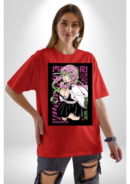 Demon Slayer Mitsuri Kanroji Anime Kadın Erkek Ön Baskılı Kırmızı Pamuklu Tişört Penye Klasik indirimleri