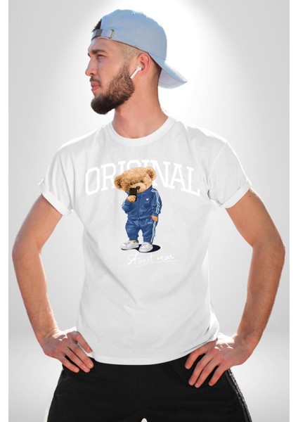 Orijinal Sokak Tarzı Oyuncak Ayı Kadın Erkek Ön Baskılı Beyaz Pamuklu Tişört Penye Klasik