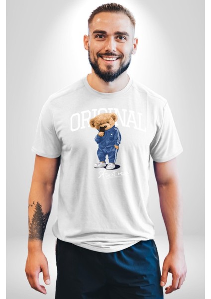 Orijinal Sokak Tarzı Oyuncak Ayı Kadın Erkek Ön Baskılı Beyaz Pamuklu Tişört Penye Klasik modelleri