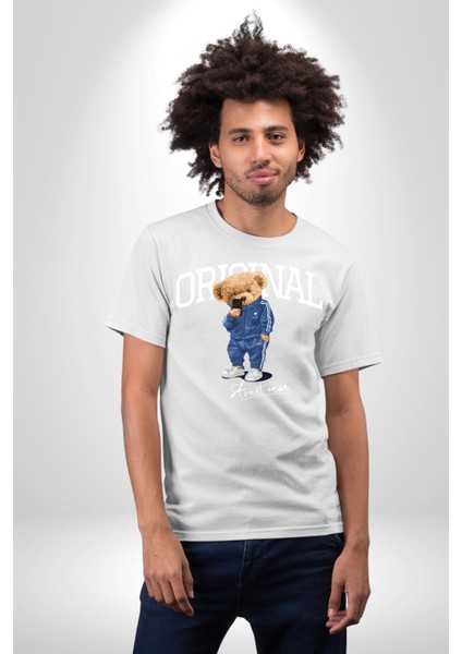 Orijinal Sokak Tarzı Oyuncak Ayı Kadın Erkek Ön Baskılı Beyaz Pamuklu Tişört Penye Klasik fırsatları