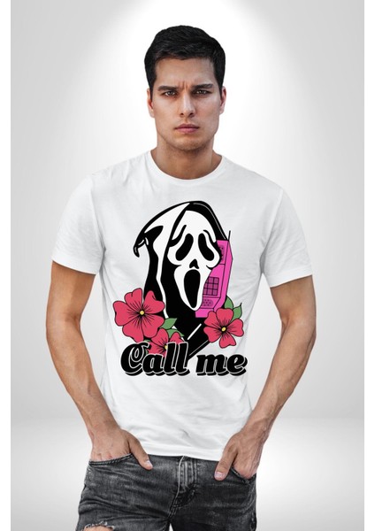 Ara Beni Çığlık Karakteri Kadın Erkek Ön Baskılı Beyaz Pamuklu Tişört Penye Klasik