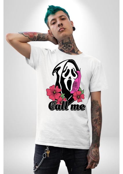 Ara Beni Çığlık Karakteri Kadın Erkek Ön Baskılı Beyaz Pamuklu Tişört Penye Klasik fiyatları