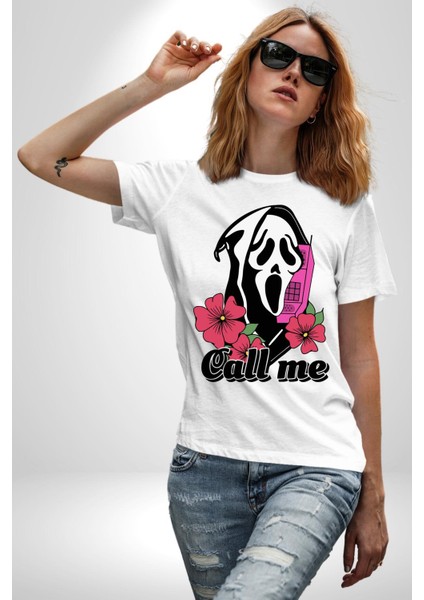 Ara Beni Çığlık Karakteri Kadın Erkek Ön Baskılı Beyaz Pamuklu Tişört Penye Klasik modelleri