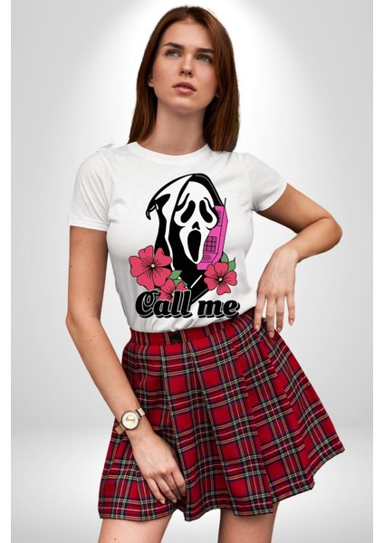 Ara Beni Çığlık Karakteri Kadın Erkek Ön Baskılı Beyaz Pamuklu Tişört Penye Klasik indirimleri