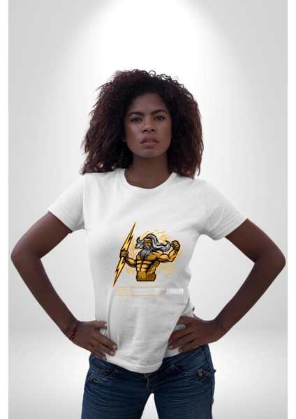 Yunan Tanrısı Zeus Figür Kadın Erkek Ön Baskılı Beyaz Pamuklu Tişört Penye Klasik fırsatları