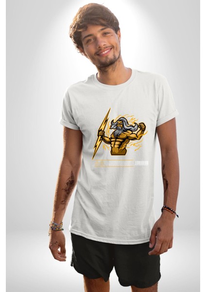 Yunan Tanrısı Zeus Figür Kadın Erkek Ön Baskılı Beyaz Pamuklu Tişört Penye Klasik indirimleri