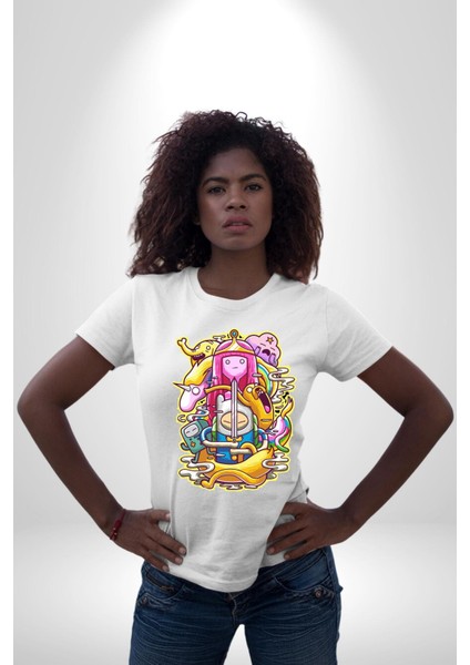 Adventure Time Finn ve Jack Kadın Erkek Ön Baskılı Beyaz Pamuklu Tişört Penye Klasik