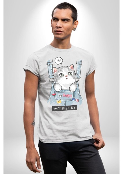 Yavru Kedi Her Yalnız Gün Kadın Erkek Ön Baskılı Beyaz Pamuklu Tişört Penye Klasik