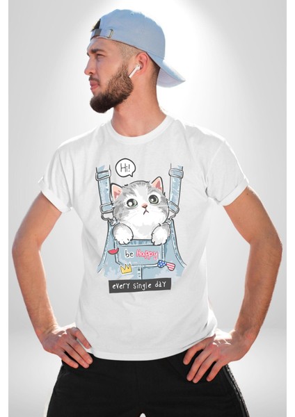 Yavru Kedi Her Yalnız Gün Kadın Erkek Ön Baskılı Beyaz Pamuklu Tişört Penye Klasik fiyatları