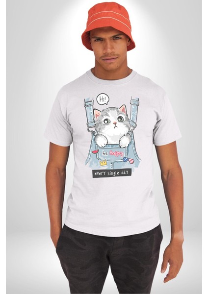 Yavru Kedi Her Yalnız Gün Kadın Erkek Ön Baskılı Beyaz Pamuklu Tişört Penye Klasik modelleri